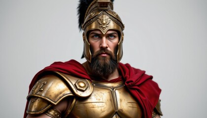 Heroic warrior in ancient armor studio setting character portrait dramatic lighting close-up strength and valor
