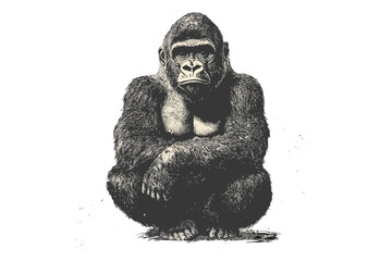 Vintage Gorilla Drawing, Black Sketch Illustration, Hand-drawn Rustic Style, Old Engraving Animal Print, Primate Wall Art, Antique Wildlife Decor, jungle wall poster © Vintage studio