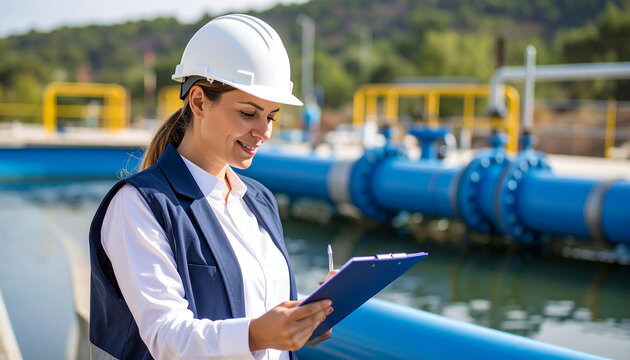 Water Management Professional: A focused professional, donned in a safety helmet, meticulously reviews blueprints, poised beside intricate industrial infrastructure.
