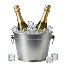 Two Bottles of Champagne Chilling in a Metal Ice Bucket with Ice Cubes, Perfect for Celebrations and Special Occasions, Isolated on Transparent and White Background
