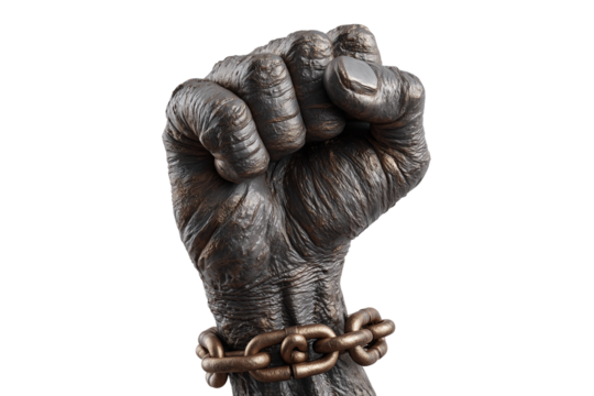 A set of realistic raised fists smashing chains in honor of Black resilience and justice for Juneteenth isolated on a transparent background