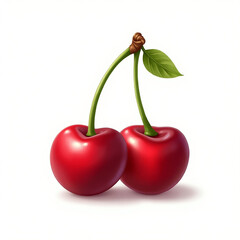 Two fresh red cherries with green stems and leaf isolated on white background