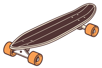 kateboard, wooden, retro style, old, vintage, dark brown, orange wheels, minimalist, sleek design, isolated on white background
