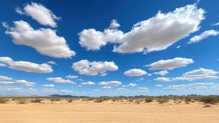 Vast desert landscape with fluffy clouds drifting across bright blue sky, creating serene