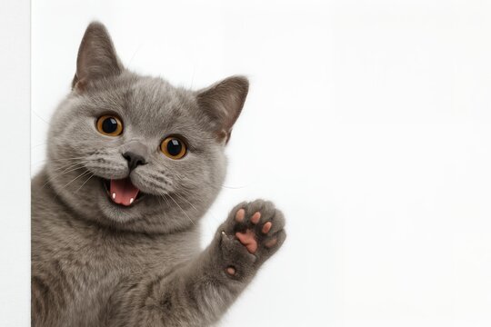 Playful grey British Shorthair kitten with paw raised against white background, concept for pet adoption, veterinary clinic, or animal shelter advertisement