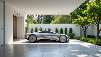 Sleek electric car design modern home garage automotive showcase urban environment side view innovative concept