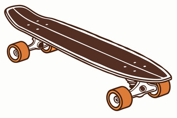 68 skateboard, wooden, retro style, old, vintage, dark brown, orange wheels, minimalist, sleek design, isolated on white background
