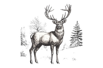 Vintage Deer Illustration, Winter Scene Engraving Style, Rustic Wildlife Art, Black Sketch Effect, Detailed Animal Drawing, Nature Wall Decor, Classic Hand-drawn Design, Winter Landscape