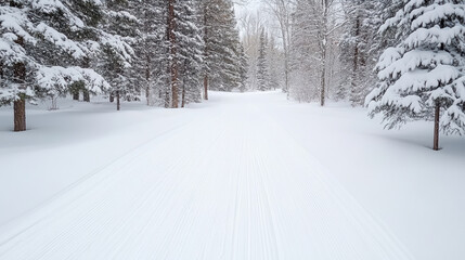Obraz premium Serene snowy woodland path surrounded by tall evergreen trees creates peaceful winter scene
