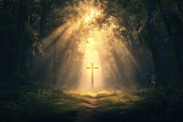 Cross illuminated by dawn light in a serene forest setting with natural rays piercing through trees, Cross at dawn in a heavenly forest rays of light piercing through serene and majestic