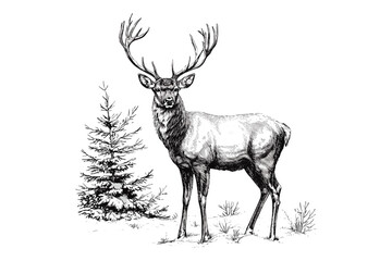 Hand-drawn Deer Winter Scene, Vintage Wildlife Design, Rustic Nature Art, Old Engraving Style, Black Sketch Effect, Detailed Animal Illustration, Seasonal Wall Decor, Forest Drawing