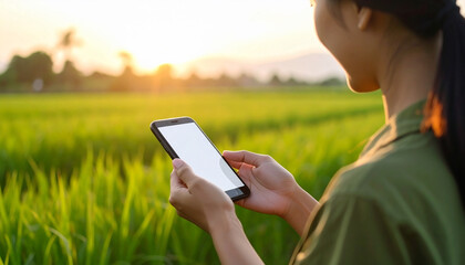 Woman Using Smartphone in Rice Paddy Field
