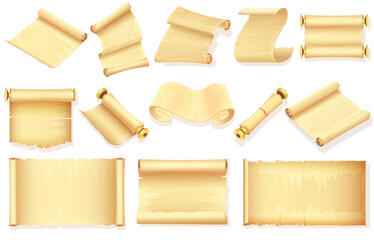 Collection of old parchment scrolls in various shapes and curls, cartoon style on white background. Concept of vintage writing. Vector illustration
