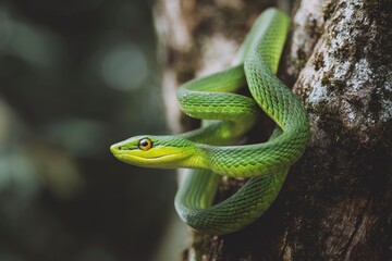 Fototapeta premium Emerald Tree Snake: Serene Green Reptile on Mossy Bark