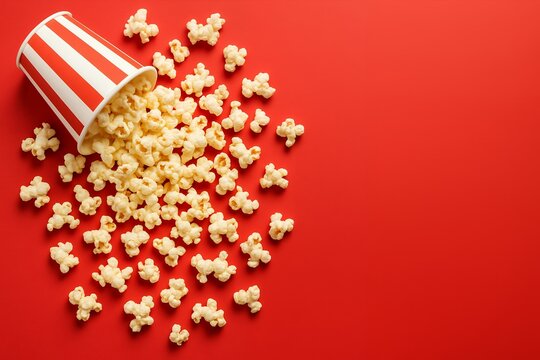 Red and white striped popcorn bucket spilling popcorn on red background, concept for movie night or snack advertisement