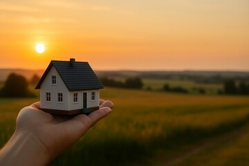 Hand holding a miniature house model against a sunset landscape, concept for real estate, architecture and home buying