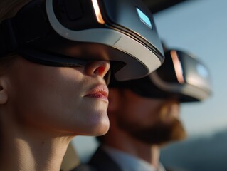 Woman and Man Wearing VR Headsets, Exploring Digital Transformation and Immersive Technology for Entertainment and Gaming, Experiencing Virtual Reality Together : Generative AI