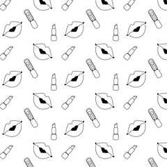 Lips kiss, lipstick, lip gloss seamless pattern. Seamless pattern. Vector graphic line illustration. Black and white cosmetic makeup art. Design for package, cosmetic, textile, cards.