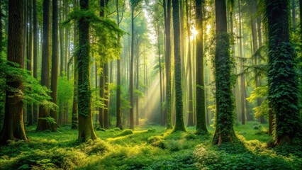 Fototapeta premium Dense forest with tall trees and vines, dense forest, wilderness