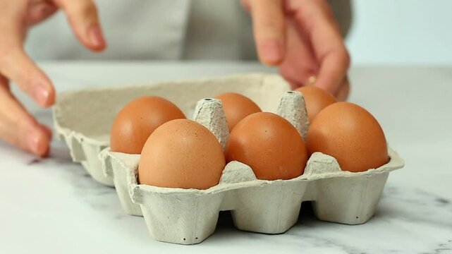 Persona colocando sobre una mesa de cocina de color blanco un cart&oacute;n con 6 huevos