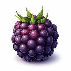 Vivid illustration of a fresh blackberry showing detailed berries and green leafy elements isolated on white