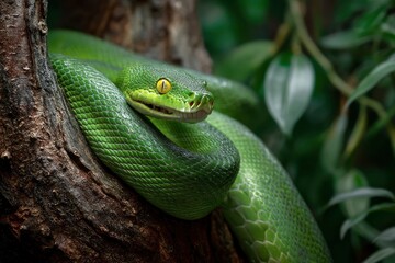 Fototapeta premium Emerald Tree Boa: Serene Green Serpent Coiled on Wood