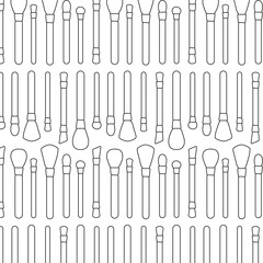 Makeup brushes Seamless pattern. Vector graphic line illustration. Black and white cosmetic makeup art. Illustration for beauty salon, cosmetic store, makeup design.