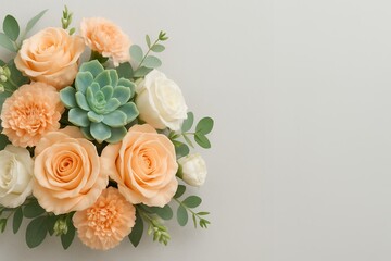 Peach roses, carnations, succulents, and eucalyptus leaves arranged on a gray background, concept for wedding stationery and floral design