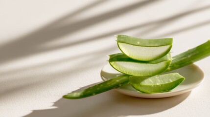 Fresh Aloe Vera Slices on Clean Neutral Surface with Soft Shadows