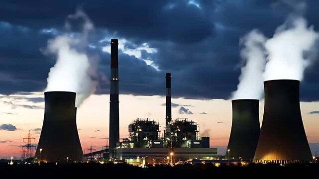 Wide of large power plant complex chimneys or cooling towers at dusk steam plumes illuminated by floodlights cinematic hdr moody sky