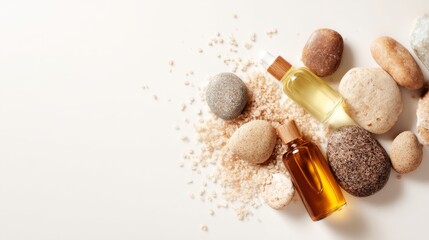Natural Skincare Oils and Pebbles on Clean White Background