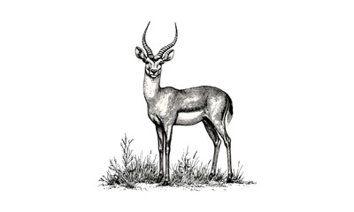 Vintage Monochrome Antelope Engraving, Hand-drawn Wildlife Line Art, Rustic Nature Etching, Retro Mammal Sketch, Detailed Grassland Illustration, Black and White Fauna Drawing