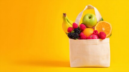 Eco-Friendly Tote Bag Filled with Fresh Fruits on Yellow Background
