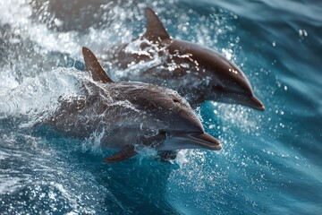Obraz premium Dolphins swimming together in blue ocean water