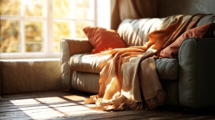 Cozy Warm Blanket on Couch in Sunlit Living Room Area