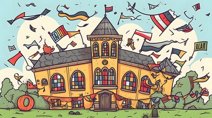 94. Flying magic school with happy windows and flags, illustrated in bold cartoon black lines