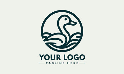 Minimalist Line Art Logo of a Duck in a Circle with Water Lines. Animal Logo Concept