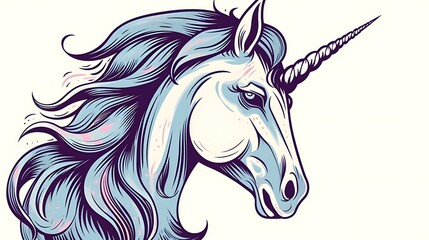 2. Cute unicorn with a flowing mane and twinkling eyes, outlined in clean bold lines with no shading on a white background