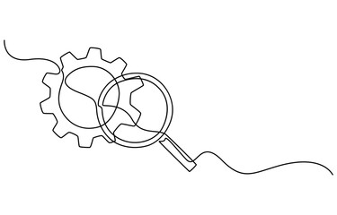 Continuous one line drawing Search engine optimization line icon vector illustration concept, Gear and magnifying glass linear icon. Continuous one line drawing gear and magnifying glass icon, pro.