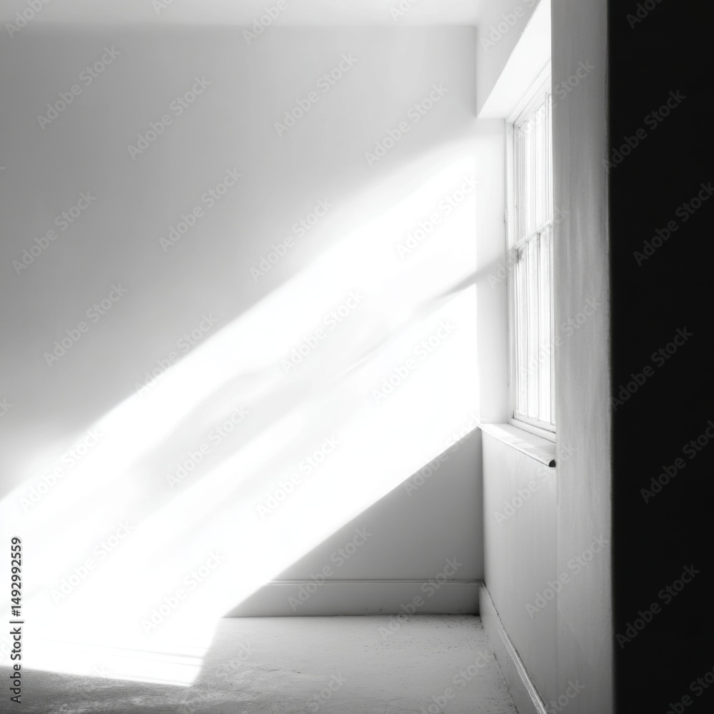 Poster sunlight streams through window casting light and shadow on wall in empty room minimalist monochrome