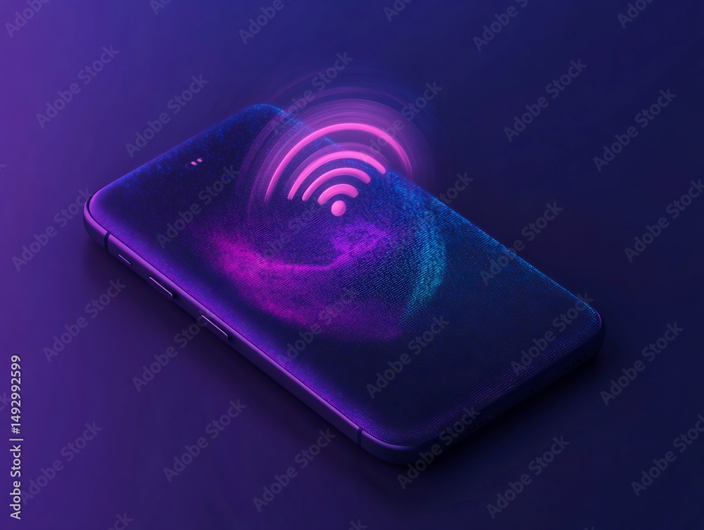 Poster smartphone displaying a dynamic neon wifi connection signal over a dark surface