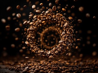 Roasted coffee beans spinning in spiral formation