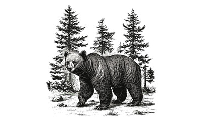 Bear walking vintage engraving, monochrome line art, detailed nature illustration, rustic wildlife print, retro fauna drawing, old engraving style, hand-drawn mammal sketch