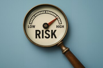 Vintage magnifying glass showing a risk meter with a needle pointing to high, concept for business analysis and financial risk assessment