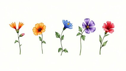 Vibrant Colorful Flowers Botanical Illustration Floral Design Elements Nature Spring Summer Bloom