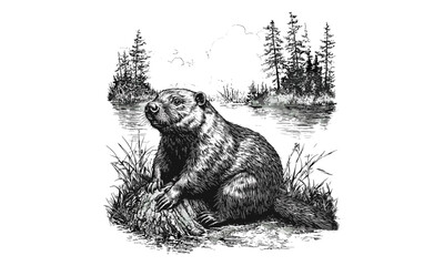 Monochrome hand-drawn vintage beaver engraving, retro wildlife mammal illustration, river and nature decor art, old style sketch, rustic forest animal print, trendy wildlife wall art © Vintage studio