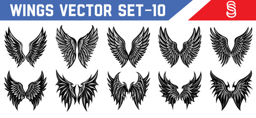 Gothic vector art set of symmetrical angel and demon wings in black silhouette ideal for fantasy stories tattoos and digital designs.