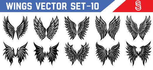 Black feather wing vector collection angel and demon mythology inspired illustrations for tattoos fantasy graphics and character design.
