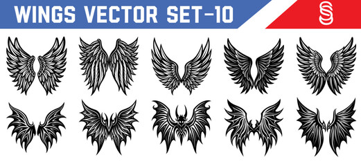 Angel and demon wings black vector silhouettes bold symmetrical illustrations for fantasy projects tattoos spiritual posters and design assets.