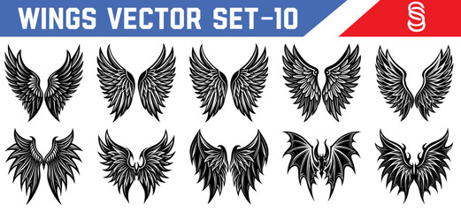 Dark fantasy themed black wings vector artwork angel and demon designs for gothic tattoo inspiration game art and spiritual branding.